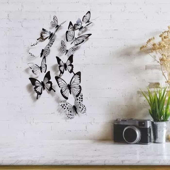 Sticker Mural,papillons muraux,Sticker Papillon Noir et Blanc,48 Pcs DIY Papillons  Stickers Muraux,Stickers muraux papillon 3D - Cdiscount Maison