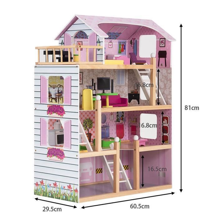 COSTWAY Maison de Poupées en Bois Maison de Barbie Luxe 4 Etages Grand  RéalismeJeu pour Poupées 80 x 62 x 32 cm Rose - Cdiscount Jeux - Jouets