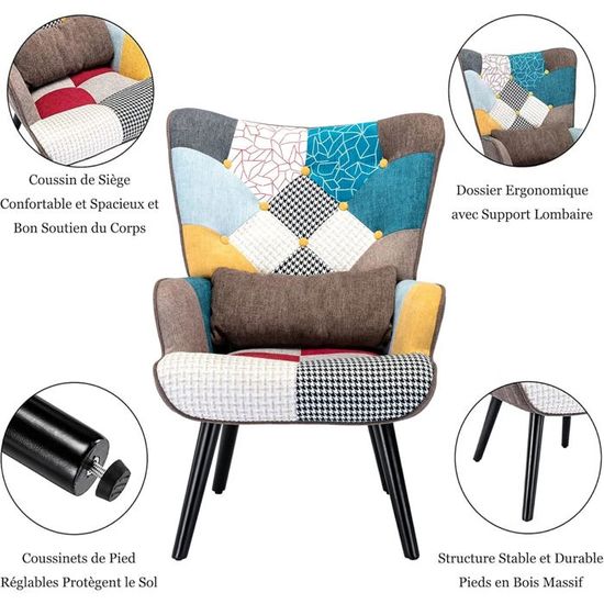Fauteuil Avec Pouf Repose-pieds Fauteuil Scandinave Lylou Avec Pouf - Tissu Patchwork - Bois - Assise Moelleuse - L64 X P48 X H100 Cm Fauteuil Salon Confortable Avec Repose-pieds