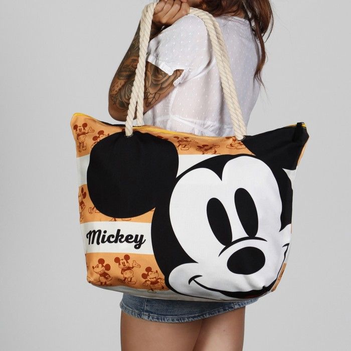 Mybagstory Sac Shopping Velours Côtelé Mickey Mouse Marron - Grande Capacité Bretelles