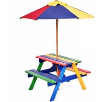 GIANTEX Ensemble Table/Salon de Jardin et 2 Bancs en Bois avec Parasol Amovible pour Enfants,Table de Pique-Nique Extérieur,Coloré