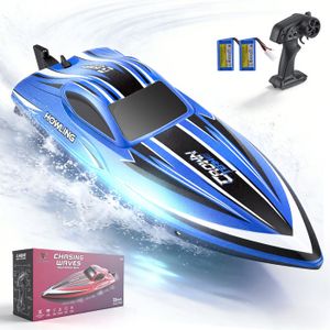Bateau radiocommandé avec éclairage LED, 35 km/h, auto-montant, 30 minutes de temps de jeu, 2 batteries, télécommande 2,4 GHz - Jeux - Jouets