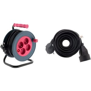 ENROULEUR Enrouleur Ménager 15M 3G1 Mm² - Rose - & Prolongateur 16A 2P+T Ho5Vv-F 3G1,5Mm² Noir 5M[J121]