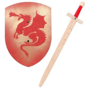 ACCESSOIRE DÉGUISEMENT Jouet épée et bouclier de chevalier médiéval Lancelot rouge en bois pour enfant - 60 cm - Dragon rouge