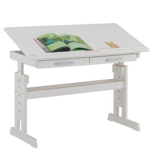 BUREAU  Bureau enfant écolier junior OLIVIA table à dessin réglable en hauteur et pupitre inclinable avec 2 tiroirs en pin massif blanc