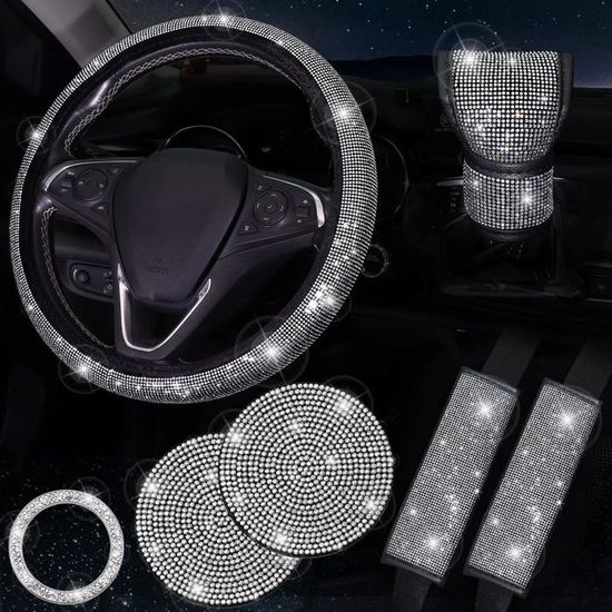 Ensemble d'accessoires de voiture roses - Housses de sièges avant de voiture - Volant, console centrale, frein à main, housse de ceinture de sécurité - Ensembles intérieurs de voiture bling - Support