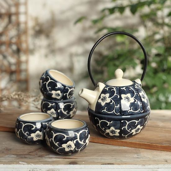 Panbado 4 Tasses 1 Théière Service à Thé Kung Fu Asiatique Chinoise en Porcelaine Céramique Style Zen Fleur Noir