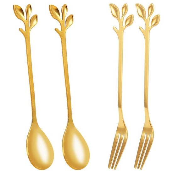 Fourchette Cuillère À Café De Feuille D'Or Vaisselle , Paquet De 4 (2 Cuillères 2 Fourchettes