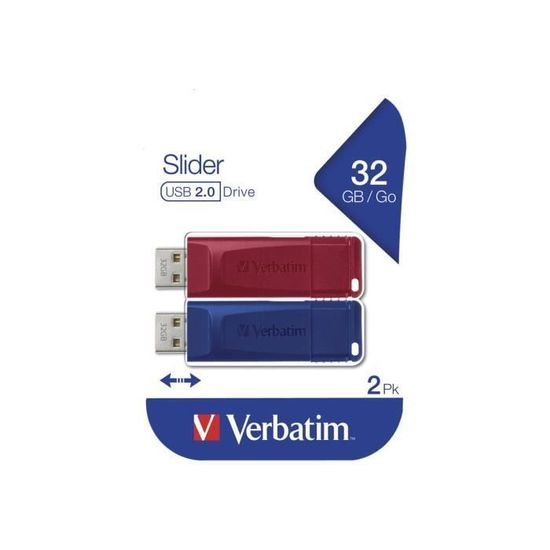 Clé USB Verbatim Slider 32 Go USB 2.0 - bleu, rouge (pack de 2)