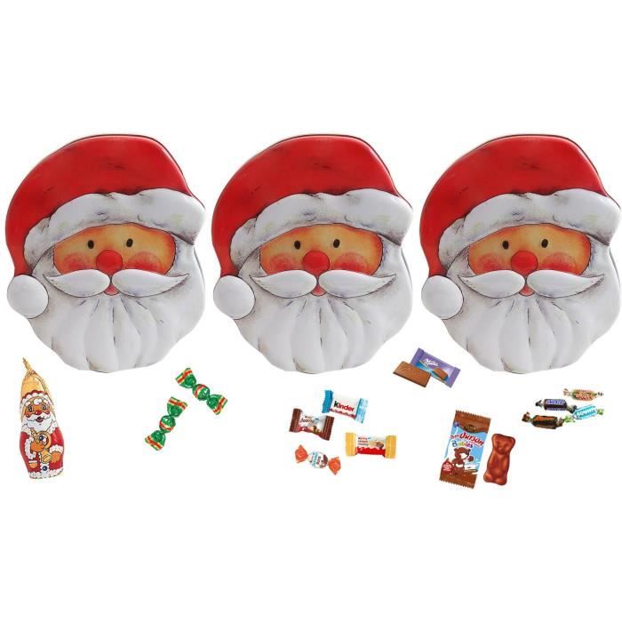Boite Père Noël en métal 40 pièces garnie de chocolat Milka, Kinder, ourson guimauve Cémoi, Bounty, Snickers, Mars, Twix