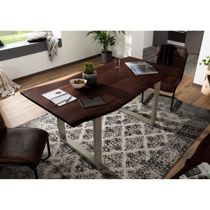 Table à manger 220x100cm - Bois massif d'acacia laqué (Gris/Marron) - Design moderne naturel - FREEFORM 3