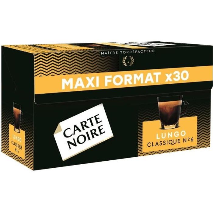 LOT DE 6 - CARTE NOIRE Café capsules Lungo Classique Intensité N°6 Compatible Nespresso - Boite de 30 capsules - 168g