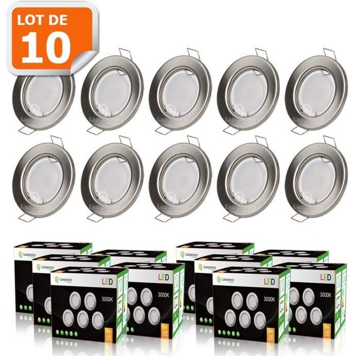 LOT DE 10 SPOT LED ENCASTRABLE COMPLETE RONDE FIXE ALU BROSSE eq. 50W BLANC CHAUD