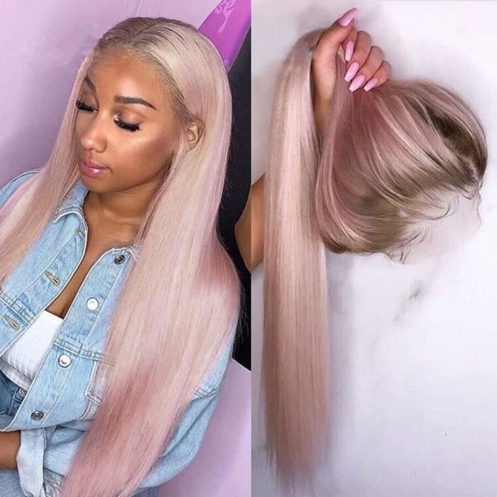 24'' Perruque Lace Front Wig Naturelle Lisse Rose Ombré 13x4 Pre-plucked Avec Baby Hair
