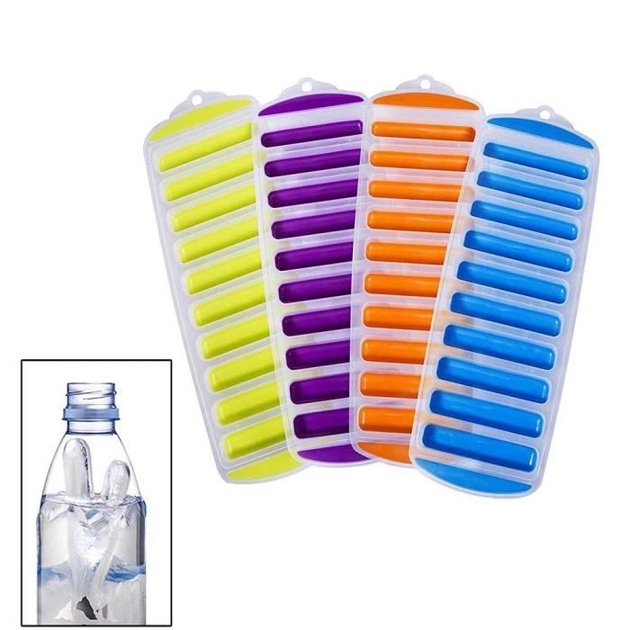 Lot de 4 bacs à glaçons avec fond en silicone faciles à pousser pour bouteille d'eau - Pour glaçons étroits - 4 couleurs