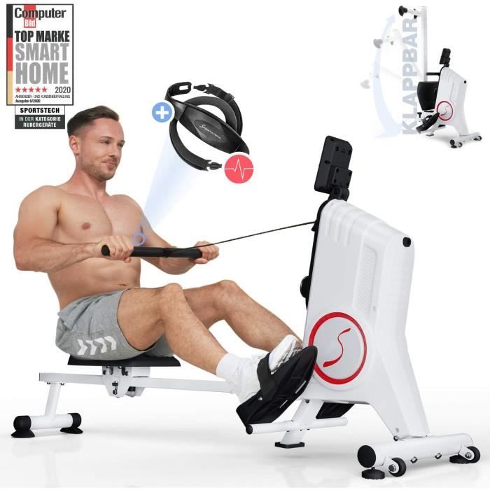 Rameur SPORTSTECH avec Ceinture Cardiofréquencemètre - Rameur Pliable avec résistance magnétique silencieuse à 8 Niveaux - RSX300