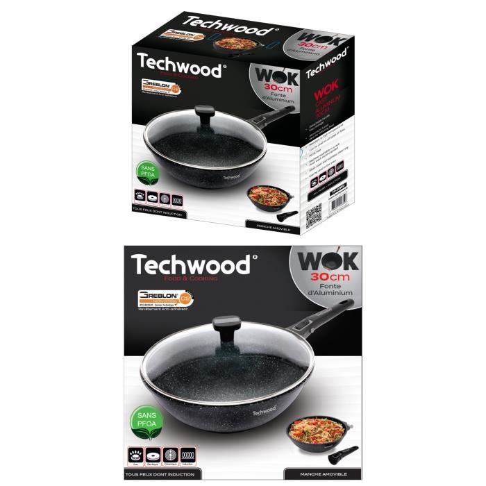 WOK 30cm avec couvercle en Verre Manche Amovible - Fonte d'Aluminium - Revêtement pierre - Tous feux. dont INDUCTION