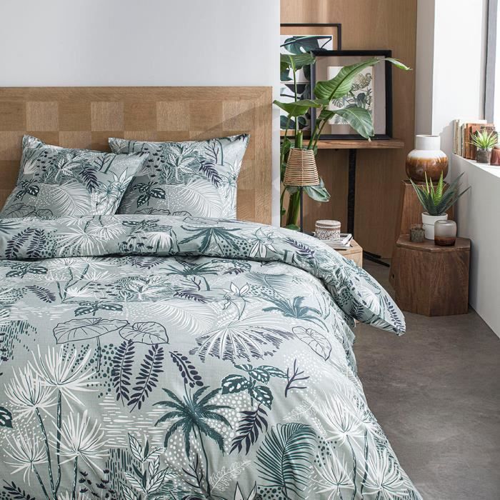 Parure de lit 2 personnes 220X240 Coton imprime vert Jungle SUNSHINE 5.18