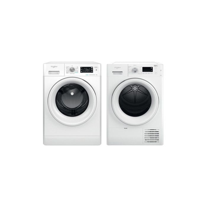 PACK WHIRLPOOL Lave-linge frontal 9kg 1400 trs/min 14 programmes + Sèche-linge frontal condensation 8kg 63 Blanc