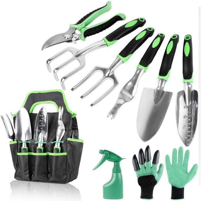 YAOBLUESEA Ensemble Outils Jardinage, 9-en-1 Ensemble de Jardinage en Acier Inoxydable,(Vert)