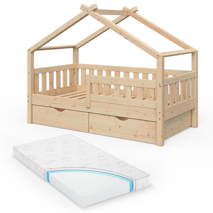 Lit cabane Design 80x160 cm avec 2 tiroirs et matelas Naturel bois Vitalispa 33458 Lit cabane Design 80x160 cm avec 2 tiroirs et matelas Naturel bois Vitalispa 33458