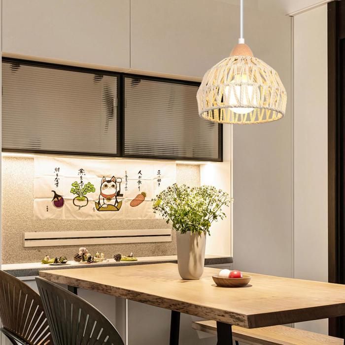 Lustre Suspension Industriel IDEGU - Lampe Luminaire Retro en Bois Rotin Blanc - 20x17x100 cm - E27 - 60W
