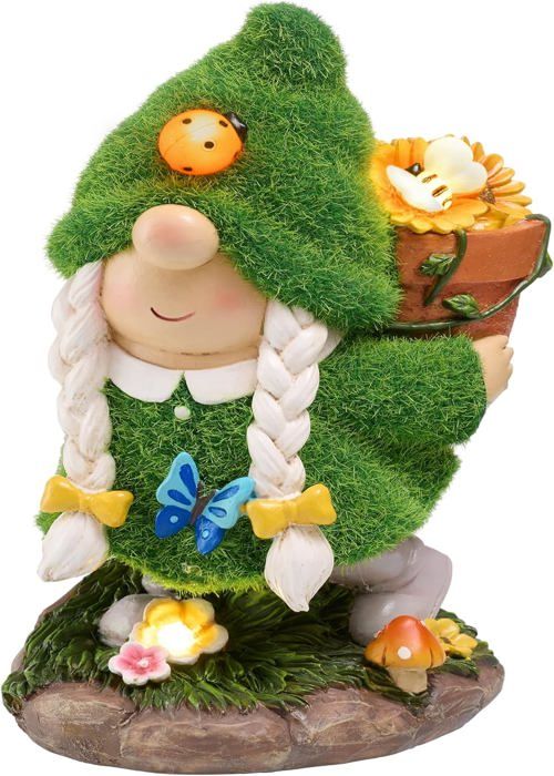 Nain De Jardin Avec Lampes Solaires - Sculpture Résine Floquée 15,2 Cm - Décoration Extérieure Zen, Porche, Jardin