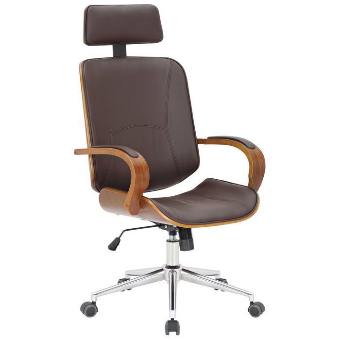 Chaise de bureau dossier et l appuie tête en metal PVC marron et cadre en bois noyer 10_0002450