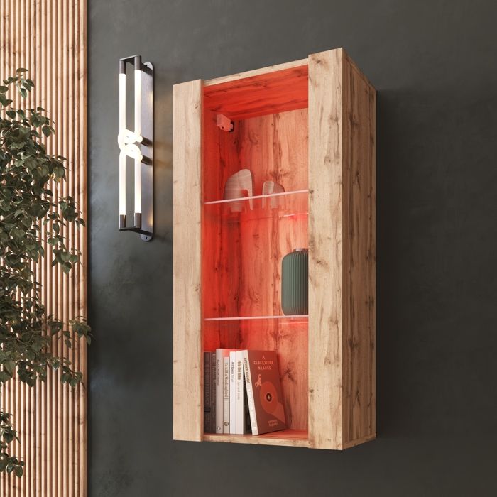 Vitrine Murale Komodee TIVOLI - LED RVB - Bois naturel - Facades en Mat - 50 x 100 x 29 cm