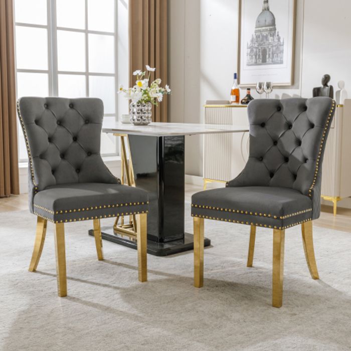 Chaise de salle à manger - MUVOE - Gris/Doré - Velours - Acier inoxydable - Lot de 2
