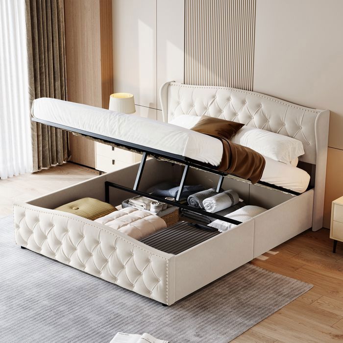 Lit coffre 140x200cm avec sommier à lattes Tête de lit rembourrée，Espace de stockage hydraulique，Lit double，flanelle，beige
