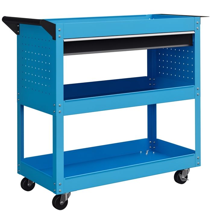 Chariot datelier servante atelier - DURHAND - 3 niveaux avec tiroir porte-outils latéral et poignée - 82x35x76cm - bleu Chariot datelier servante atelier - DURHAND - 3 niveaux avec tiroir porte-outils latéral et poignée - 82x35x76cm - bleu