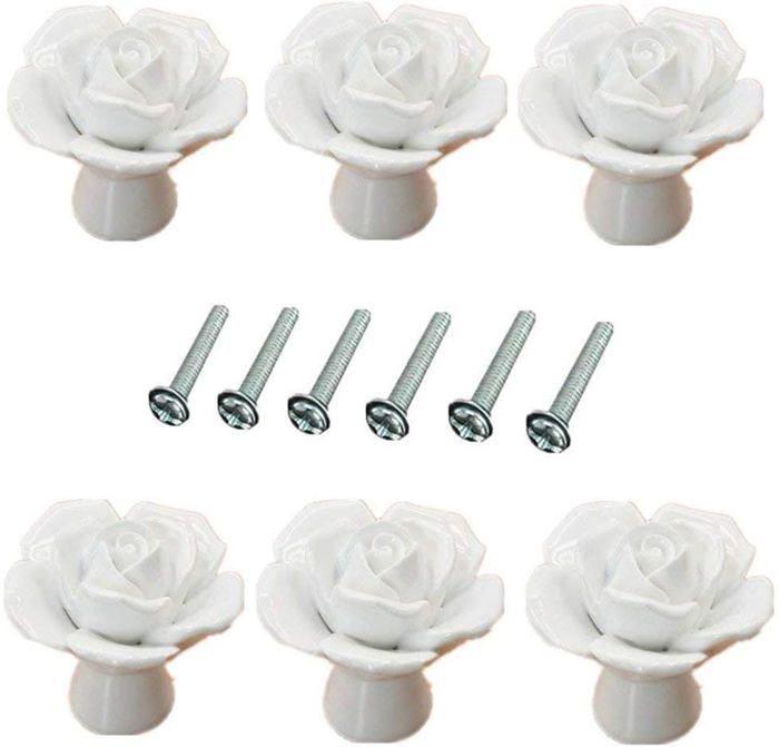 Lot de 6 poignées de porte en céramique en forme de fleur de rose de 40 mm poignées de décoration de meubles - Blanc