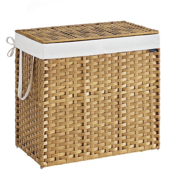 Panier de Rangement Corbeille Linge Sale 160 L avec Couvercle Pliable Sacs en Tissu Amovibles et Poignées Couleur Boisée