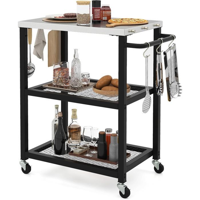 KOMFOTTEU Chariot Barbecue 3 Niveaux Avec Plateau Rabattable - Desserte Jardin Mobile 116x55x130cm Noir