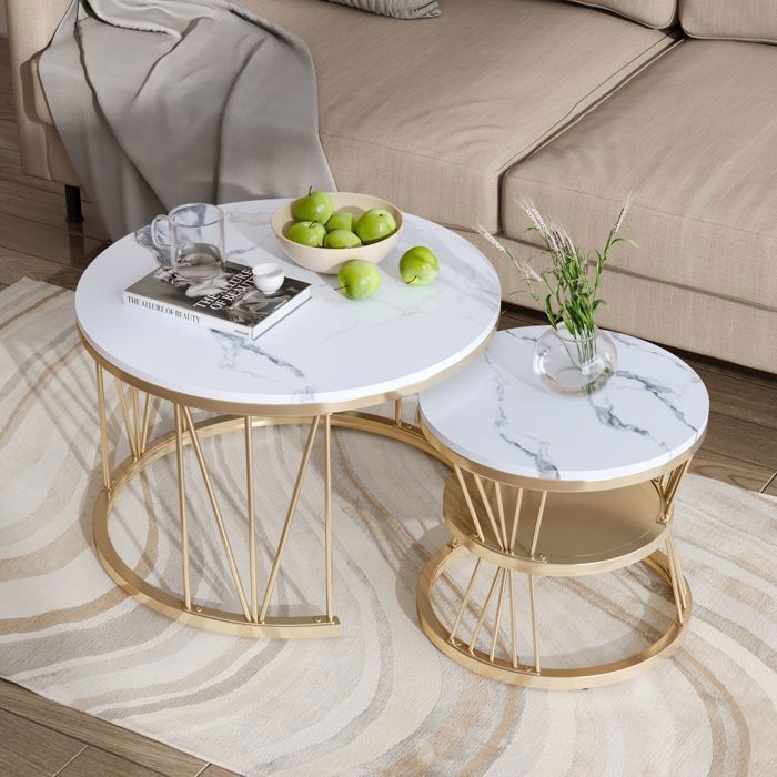 Tables Gigognes Rondes - ADWOLT - Motif Marbre - Structure Métal - Rangement - Moderne