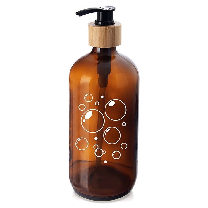 Distributeur de savon en verre fumé - ORION - 500 ml - Verre fumé - Détails en bambou - 8x195 cm - Marron