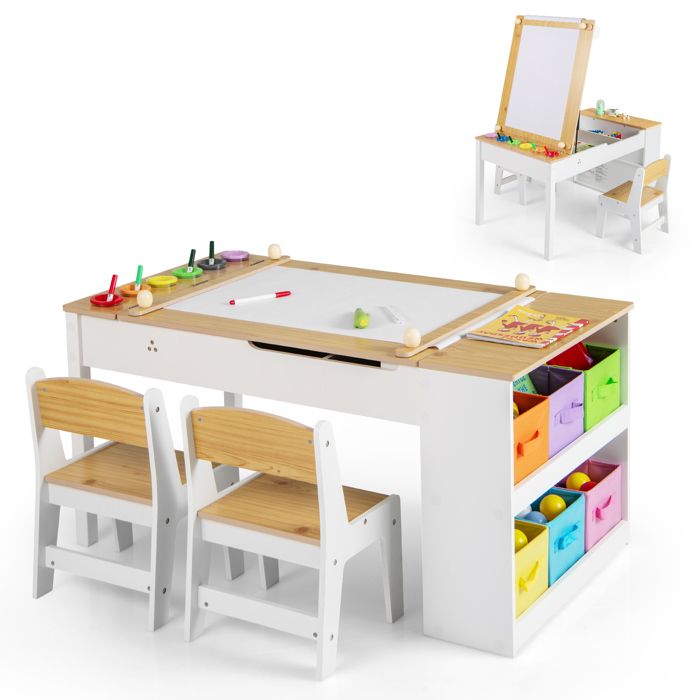 COSTWAY Table dArt 2-en-1 et Chaises Enfants - Plateau Inclinable 6 Boîtes de Rangement Rouleau de Papier pour Jouer Dessiner