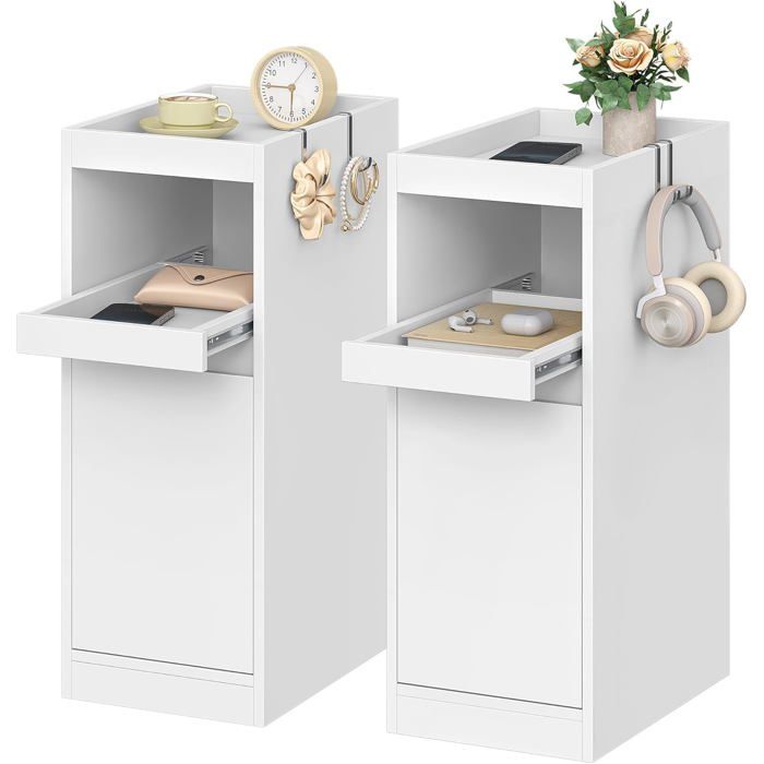 Table de Chevet Lot de 2 Table de Nuit avec Plateau Tables Dappoint étroite avec 1 Porte et 2 CrochetsBlanc 35 × 24 × 64 cm