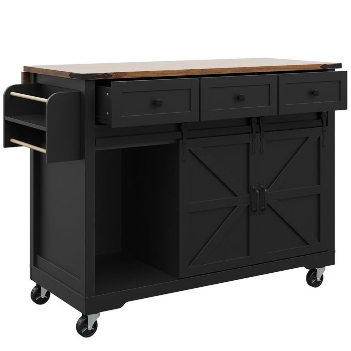 Desserte cuisine noir roulettes - Plan travail extensible - 2 portes coulissantes & 3 tiroirs - Veinage bois - Îlot mobile Desserte cuisine noir roulettes - Plan travail extensible - 2 portes coulissantes & 3 tiroirs - Veinage bois - Îlot mobile