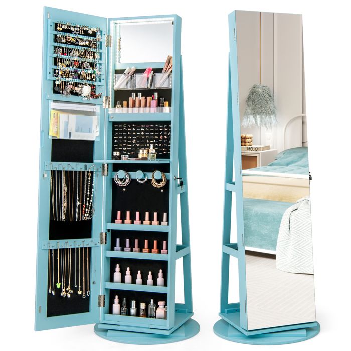 3 en 1 Armoire à Bijoux sur Pieds COSTWAY Pivotante à 360° Lumières LED 3 Couleurs Verrouillable Rangement Arrière Vert