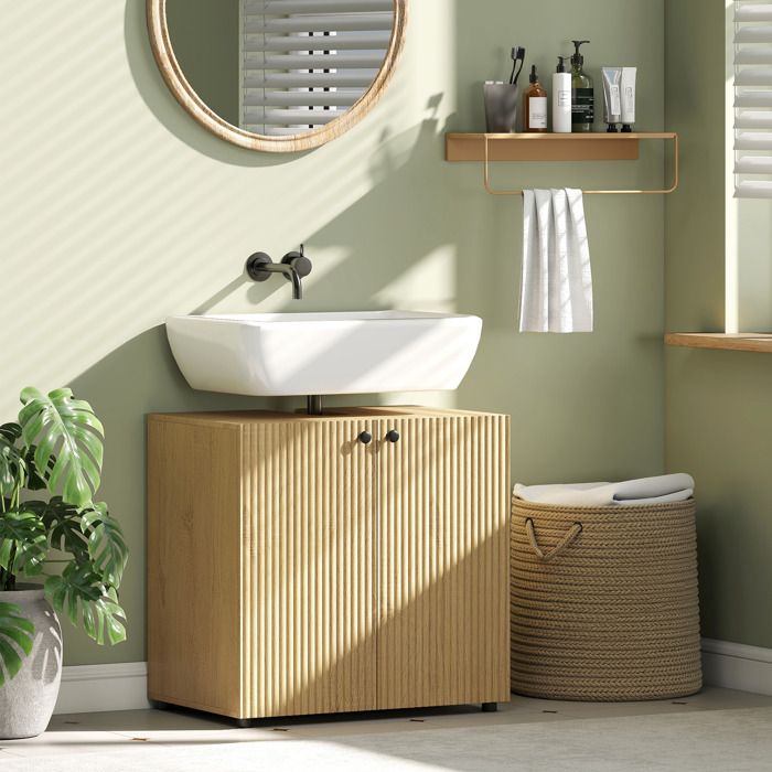 Meuble sous lavabo meuble de salle de bain 2 portes à fermeture amortie étagère réglable 60x398x585cm bois naturel