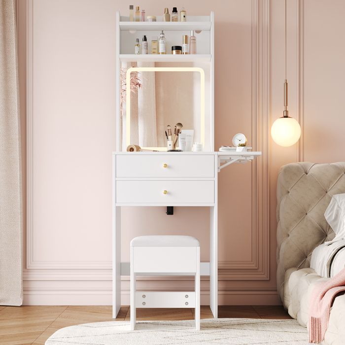 Coiffeuse avec miroir 75x45x156cm - LED réglable - 1 tabouret - 2 tiroirs - Plateau de coiffeuse pliable - Blanc
