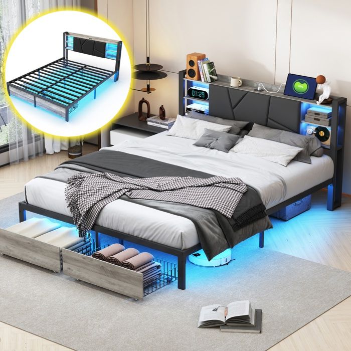 Lit Double 140 x 200 Lit rembourré avec LED et USB Cadre de Lit avec 2 tiroirs Étagère de Rangement dans la Tête de Lit Noir