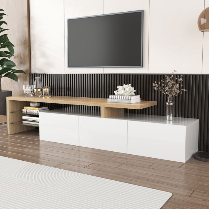 Meuble TV 197 5×39×42 cm en MDF et verre avec rangements et éclairage LED – style moderne