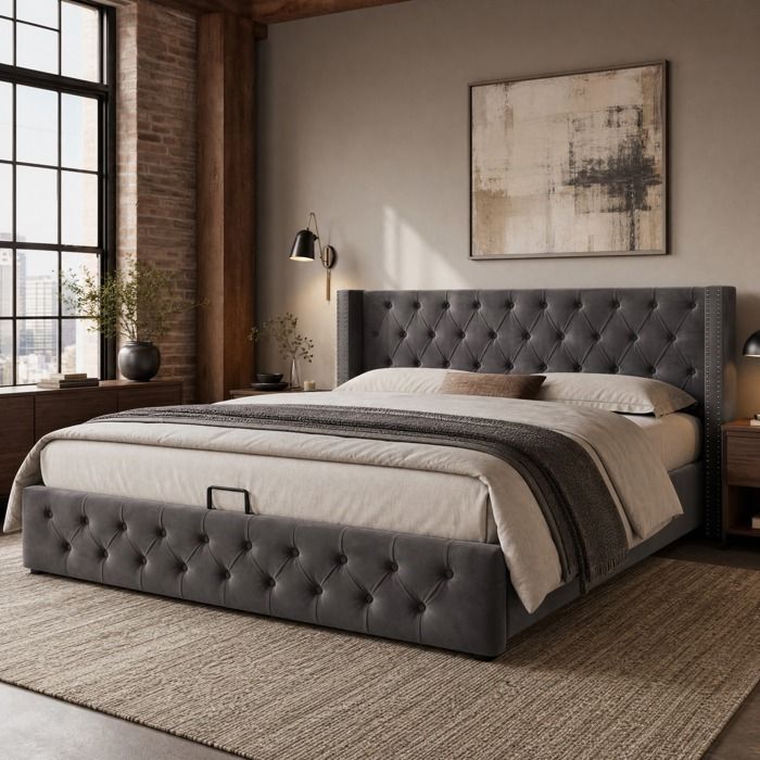 Lit coffre 2 places EVRYAE 180 x 200 cm en velours gris sommier à lattes inclus ouverture hydraulique