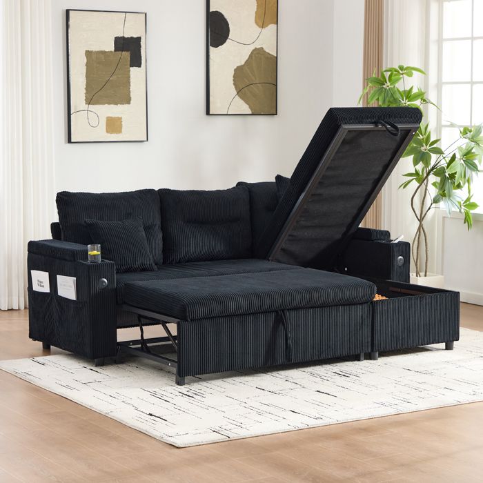 Canapé dangle convertible - 3 places - Velours côtelé - Rangement avec porte-gobelets & USB-C - Chaise longue hydraulique