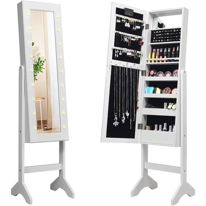 Armoire à Bijoux sur Pied GIANTEX - Miroir Plein Longueur & Lumières LED - Verrouillable Blanc
