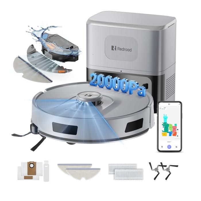 Aspirateur Robot Laveur 4-en-120000 Pa-Redroad R11-200min AutonomieVidange Autoavec Navigation LiDARCharge Autoavec App-Gris - Redroad