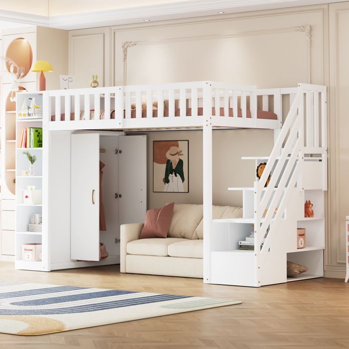 Lit mezzanine 90x200cm avec armoire lit superposé avec Étagères et Échelle de rangement lit en bois avec sommier à lattes naturel